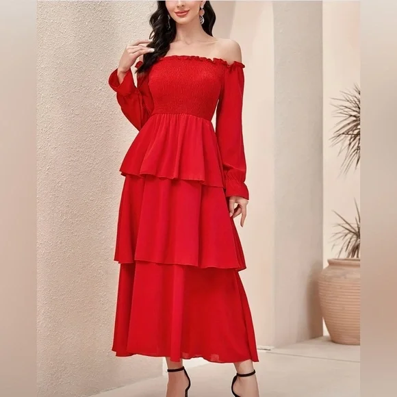 Red Off-Shoulder Tiered Maxi Dress – NWOT – Size L - Picture 4 of 6